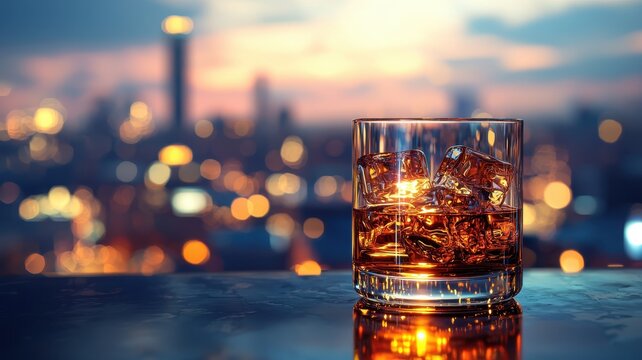 World whiskey day with beverage and glass idea. Whiskey glass against a blurred city skyline at dusk.