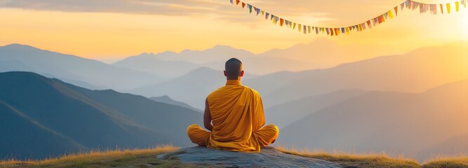 Serene Contemplation at Sunrise: A figure in saffron robes meditates peacefully atop a mountain, framed against a majestic sunrise, evoking a sense of tranquility, introspection.