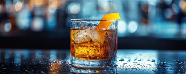 World whiskey day with beverage and glass idea. Whiskey cocktail with ice and an orange twist.