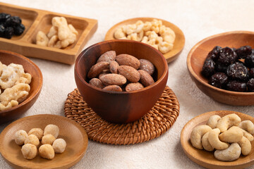 Flavored mixed nuts in bowls.