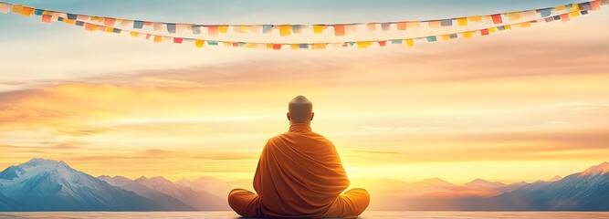 Serene Solitude: A solitary figure, cloaked in robes, sits in quiet contemplation before a breathtaking vista of mountains and sky, as colorful prayer flags float overhead.