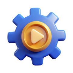 A colorful gear icon featuring a play button in the center, symbolizing functionality and action, illustration of 3d rendering.