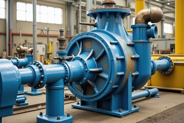 Industrial Water Pump in Manufacturing Facility: A Blue Centrifugal Pump Used for Fluid Transportation in an Operational Factory Setting
