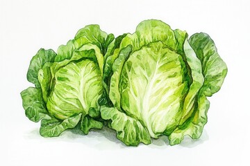 Fototapeta premium Lettuce Watercolor Drawing. Organic Vegetable Seasoning in Green Harvest
