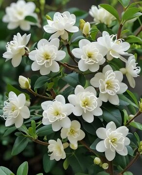 Jasminum sambac, commonly known as Arabian Jasmine. It is a fragrant, evergreen shrub that produces white, multi-layered blooms