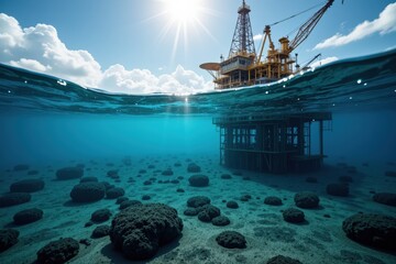 Obraz premium Underwater Offshore Oil Rig Surrounded by Coral Reefs in Crystal Clear Water During Bright Sunny Day