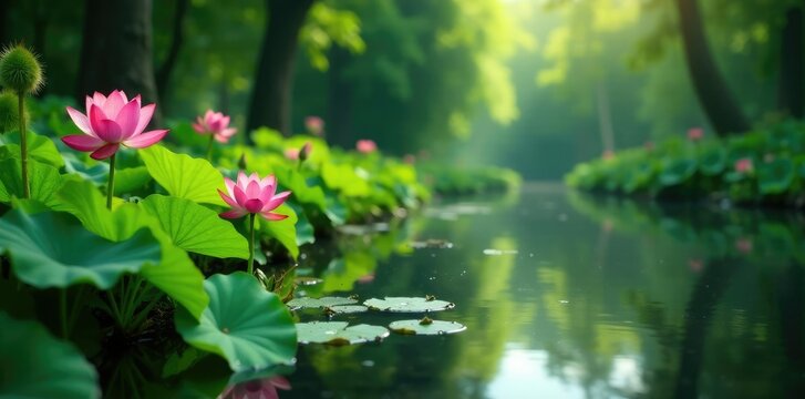 Lush greenery surrounds a serene pond with lotus flowers blooming in the background, flowers, landscape