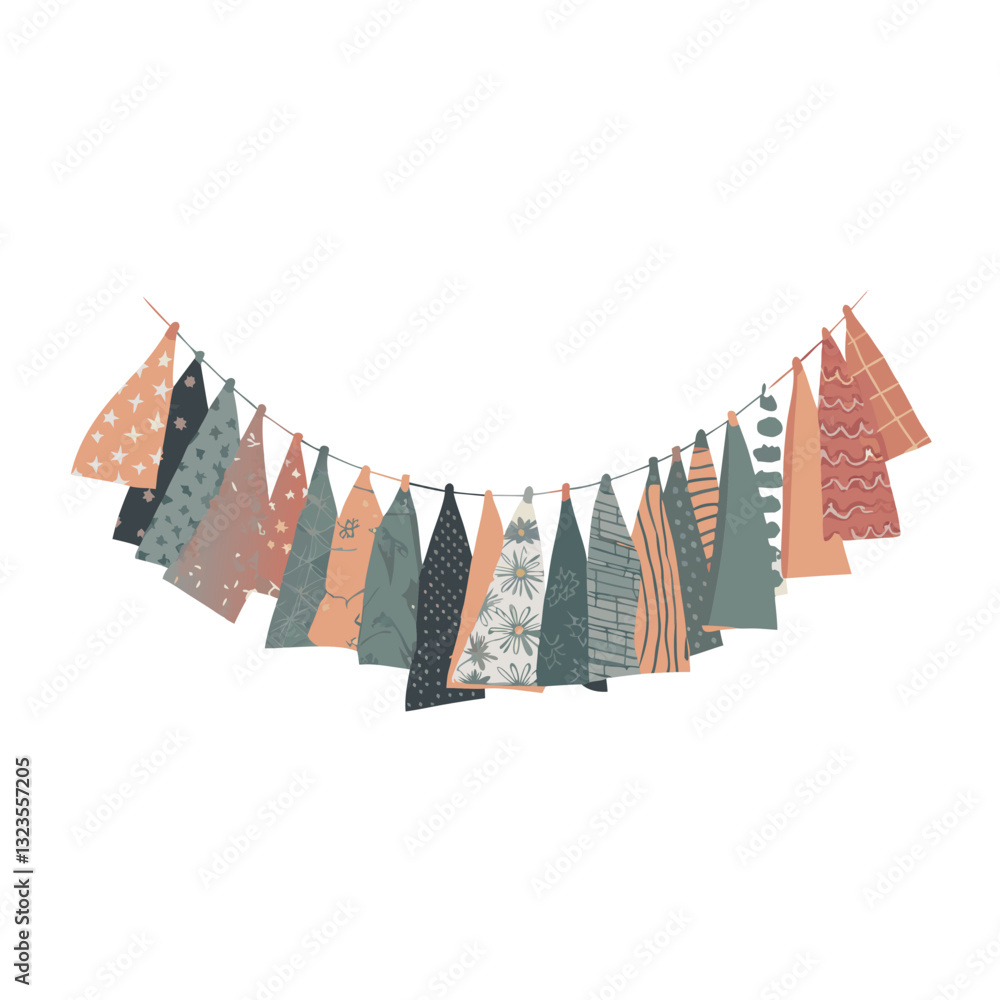 Poster colorful patterned flags hanging on string vector illustration