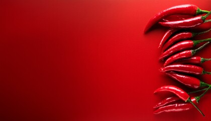 chili peppers on red background with copy space