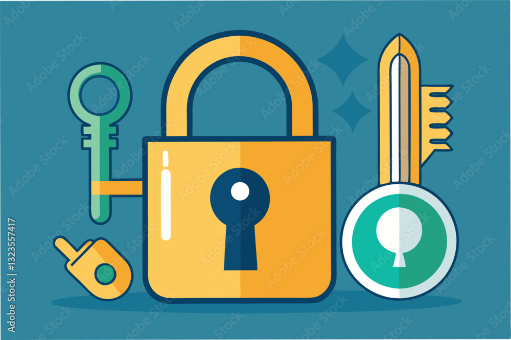 Poster Colorful vector illustration of a padlock with keys and a safe depicting security concepts in a modern style