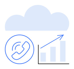 Cloud icon, phone call symbol, and upward graph highlight digital communication, growth, and data storage. Ideal for technology, networking, business strategy, cloud computing data analysis remote