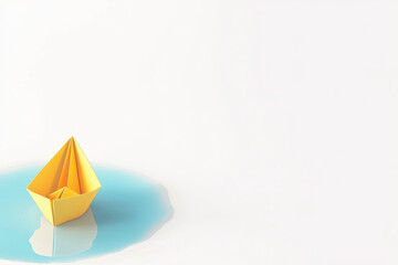 yellow paper boat floats in small blue puddle on white background