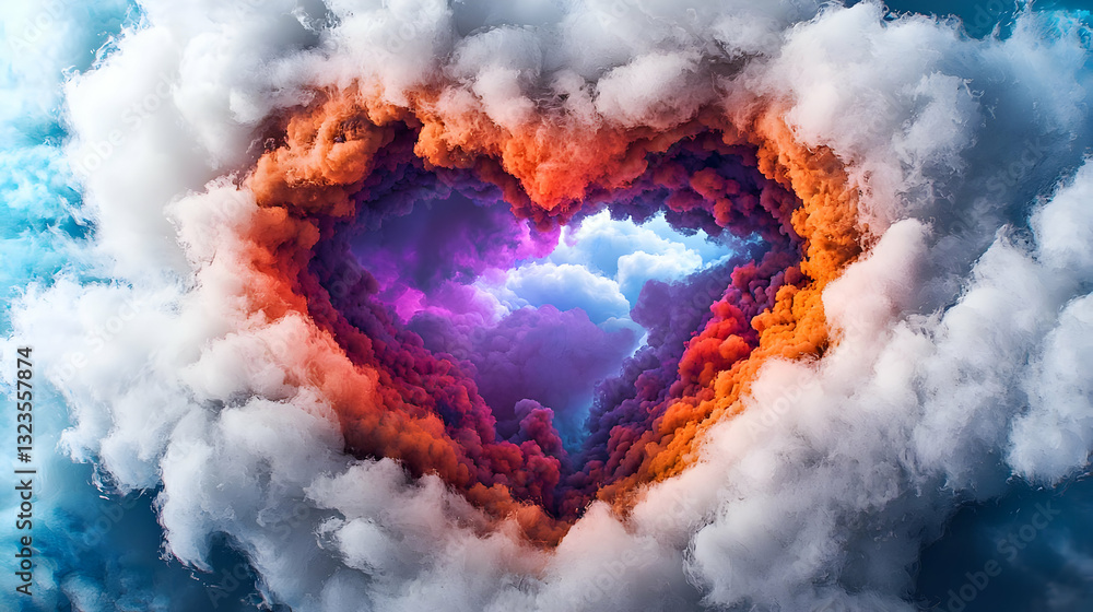 Poster abstract heart shaped formation of multicolored clouds with bright central light and soft texture