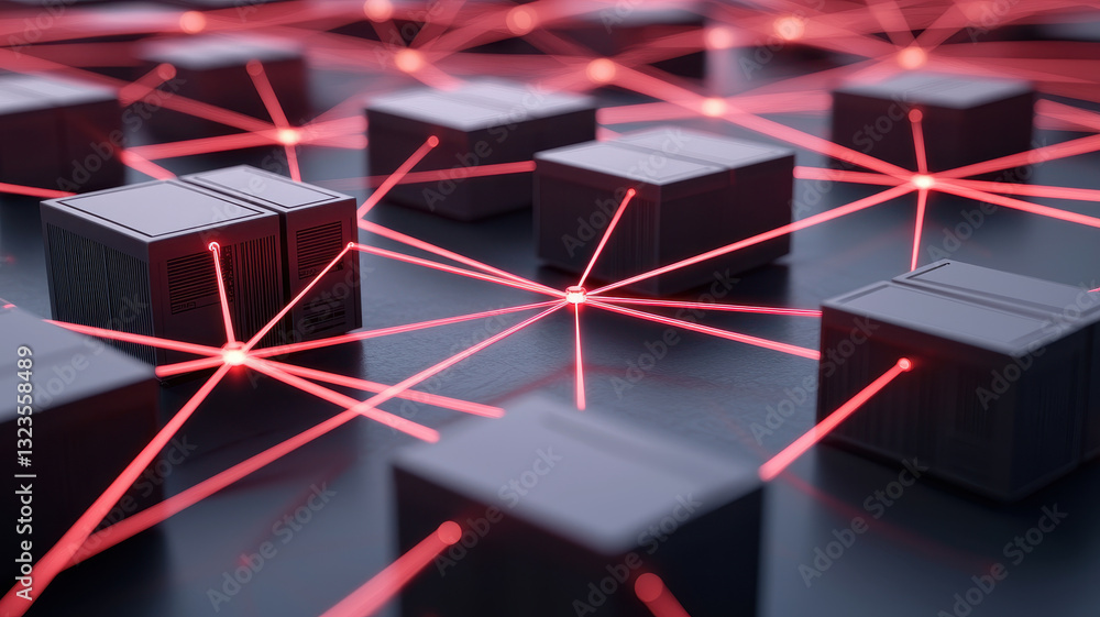 Aufkleber network of interconnected blocks with red laser lines, symbolizing digital communication