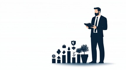 Fototapeta premium Confident Businessman Standing Analyzing Financial Data and Graphs on Screens in Formal Suit in Corporate Office Concept of Business Analytics Leadership and Financial Strategy