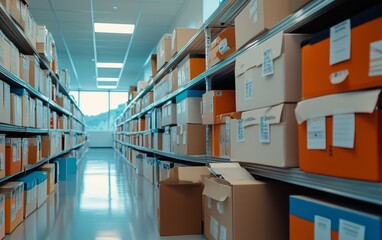 Organized Warehouse with Rows of Cardboard Boxes - Efficient Storage Solutions