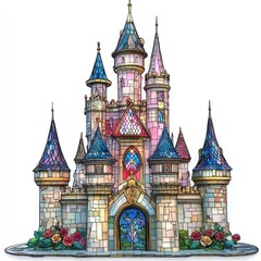 Obraz premium Stained glass style fairytale castle illustration.