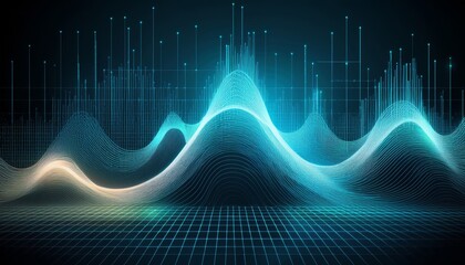 Naklejka premium fluctuating vibrant glowing digital waveforms on a black grid background