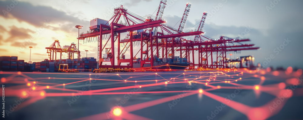 Poster autonomous cranes at smart port unloading cargo with digital network overlay