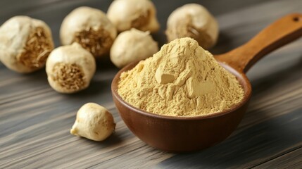 Maca Root Nourishing Dietary Supplement: Heap of Powder in Bowl with Copy Space
