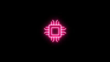 Neon Computer processor with Microchip icon isolated on the black background.
