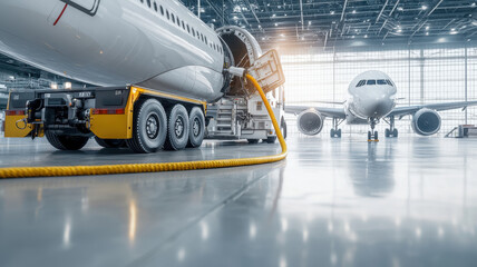 modern fuel truck connects hose to sleek airplane in spacious hangar