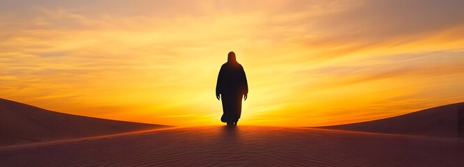 Journey's Silhouette: A lone figure walks into a breathtaking sunset, symbolizing life's journey, filled with hope and the promise of a new beginning.