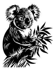 Obraz premium Intricate Koala Vector Art Holding Eucalyptus Leaves for Tattoo and Design Use