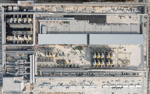 Aerial View of Semiconductor Facility Construction Site with Equ