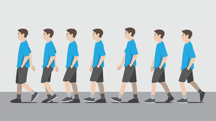 Animation of a man in blue shirt and short pants with one hand in pocket walking in side view showing the step cycle sequence