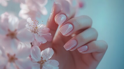 Elegant pastel pink manicure with glossy nails and delicate cherry blossoms creating a soft and feminine beauty composition