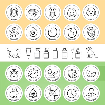 Set of vector icons focuses on cats parasites and worms. The icons are designed to be versatile, suitable for use in informational materials, veterinary goods, pet care, apps, and more. EPS10.