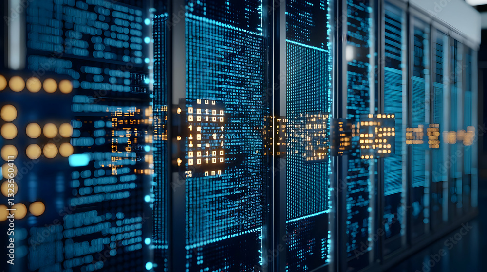 Poster blue and gold lit server racks in data center technology and data transmission background
