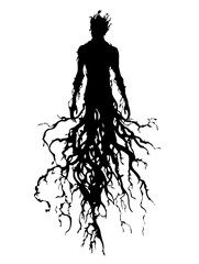 Fototapeta premium Silhouette of Mysterious Human Figure with Entwined Roots