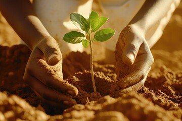 Child Planting a Small Tree in Community Soil While Promoting Environmental Awareness and Sustainability Efforts