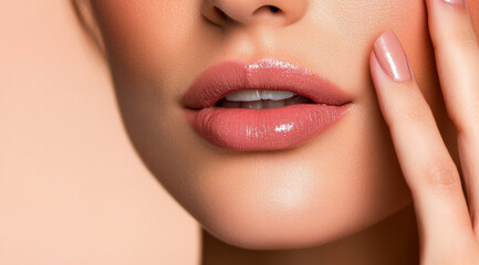 Obraz premium A woman's hand gently applies a glossy lip product, enhancing her natural beauty in soft lighting