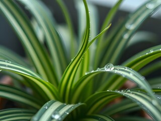 Obraz premium Close-up of a Spider Plant with Water Droplets, Indoor Plant, Green and White Striped Leaves, Houseplant.