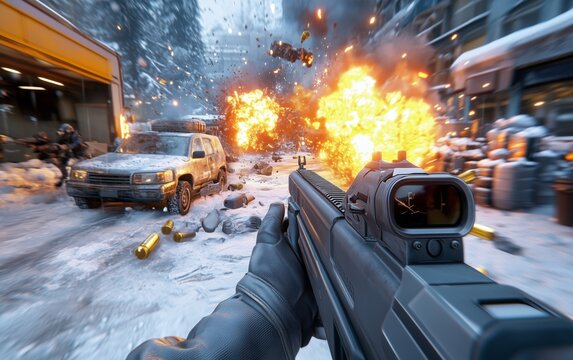 First Person Shooter Action Game in a Snowy Battlefield