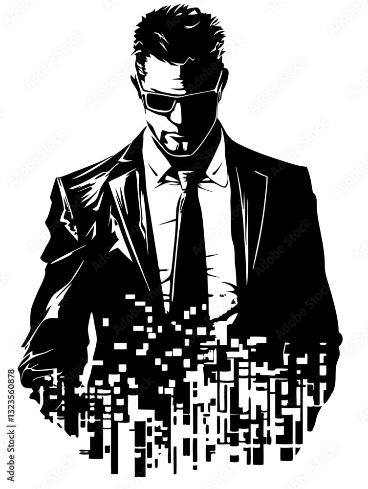 Poster futuristic secret agent silhouette in digital style for graphic design and tech projects