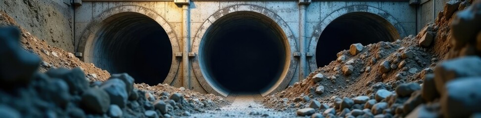 Pipes under concrete for underground well discharge, excavation equipment, hidden, concrete