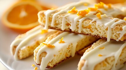 Bright, close-up of orange zest biscotti with a drizzle of white chocolate on top