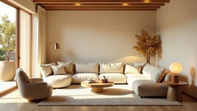 Serene Living Room Design with Neutral Tones and Natural Light Featuring a Sectional Sofa and Wooden Accents