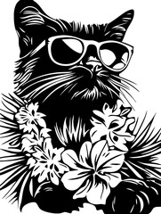 Cool Cat Wearing Sunglasses and Floral Lei Silhouette Vector Art