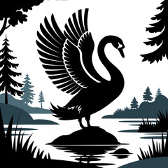 Fototapeta premium Elegant Swan Silhouette on Tranquil Lake with Pine Trees for Nature Art Design