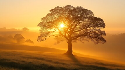 Sunrise Illuminates Solitary Tree In Misty Field