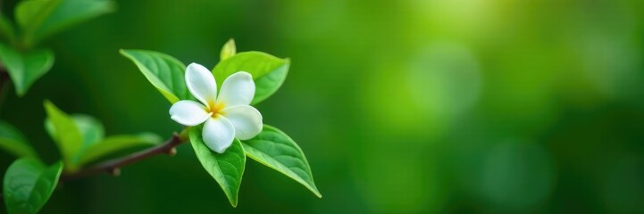 Single jasmine blossom on a lush green branch with leaves, blossoms, flowers, botanical
