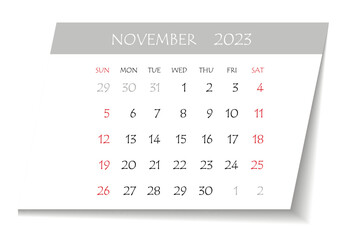 November 2023 calendar planner. Corporate week. Template layout, 12 months yearly, white background. Simple design for business brochure, flyer, print media, advertisement. Week starts from Monday.