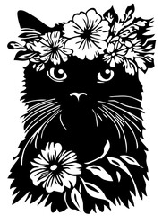 Fototapeta premium Floral Cat Silhouette Illustration for Creative Art and Tattoo Design