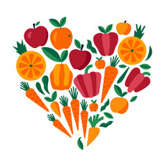 Heart Shaped Colorful Fruits Vegetables Vector Illustration for Healthy Living