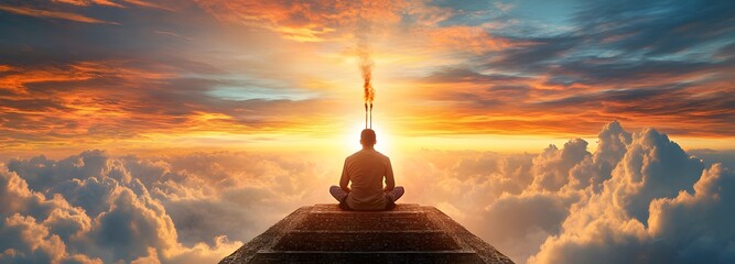 Sunrise Meditation: A solitary figure, silhouetted against a radiant dawn sky, finds inner peace through meditation, surrounded by the ethereal beauty of clouds.